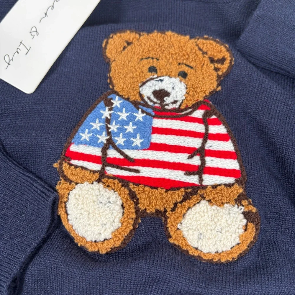 Harper & Ivy Kids 7/8 Navy Blue Sweater Set NEW Bear USA Flag Knit Top Shorts